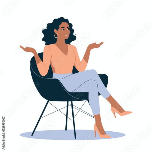 Stylish woman sitting in modern chair with arms open expressing confidence and relaxation illustration