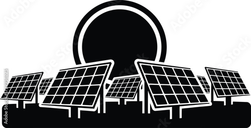 Solar panel field silhouette vector with the sun rising or setting in the background. black and white illustration of renewable energy, solar power generation, or sustainable technology.