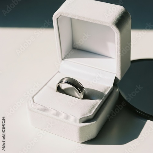Simple wedding band inside an open, white velvet ring box, captured in bright studio light, a clean and classic product mockup.