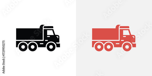 Dump Truck Silhouette Icon on White Background, Construction Transportation Vehicle