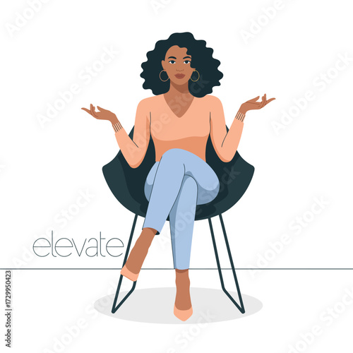 Stylish black woman sitting in modern chair gesturing with uncertainty and doubt modern art illustration