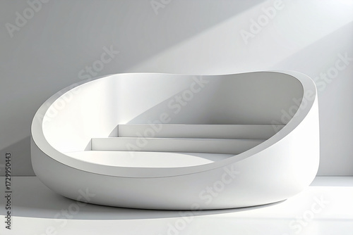 Ultra-modern minimalist premium 3D background featuring a curved white podium with two steps, ideal for a sleek product display against a bright, airy backdrop.