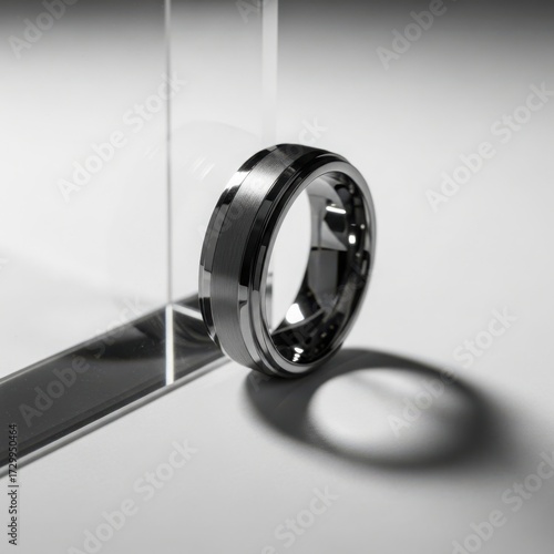 Black tungsten men's ring standing upright, creating a dramatic, geometric display with sharp reflections and deep shadows.