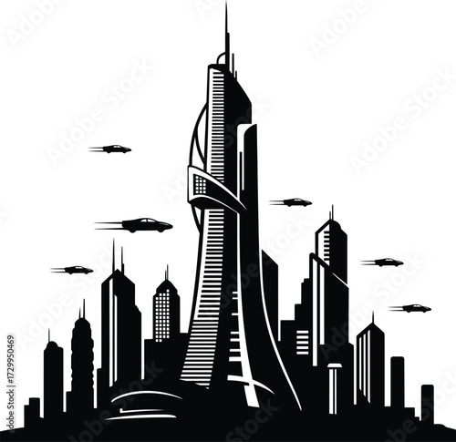 Futuristic city skyline silhouette vector with skyscrapers and flying cars. black and white graphic illustration of a modern metropolis, science fiction, or megacity.