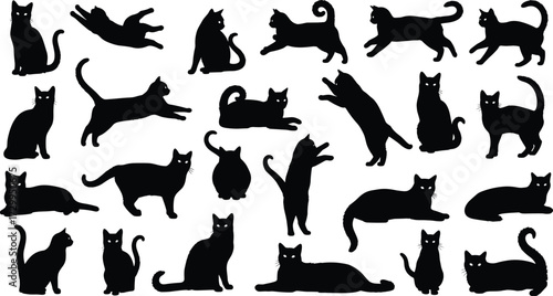 Cat silhouettes, feline poses, black artwork, playful movement, animal behavior, pet icon, stretching cats, walking posture, sitting figure, jumping motion