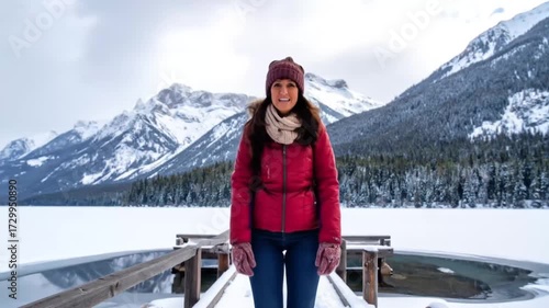 Woman Walking on Dock with Snowy Mountain Backdrop