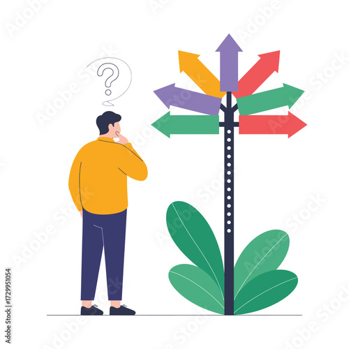 Man pondering multiple directional arrows at a crossroads signpost making a decision concept illustration