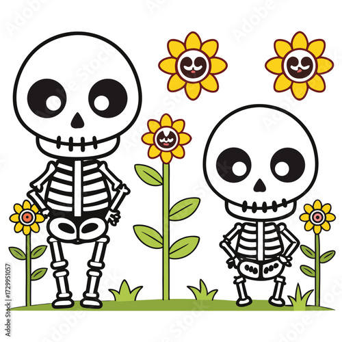 Cartoon skeletons pose next to smiling sunflowers standing on grass in a transparent background