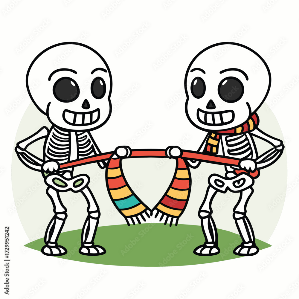 Fototapeta premium Cartoon skeletons hold a striped scarf on a green backdrop, showcasing a whimsical scene