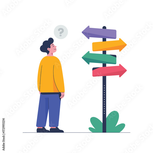 Confused person stands at crossroads signpost with multiple arrows pointing in different directions decision making concept illustration