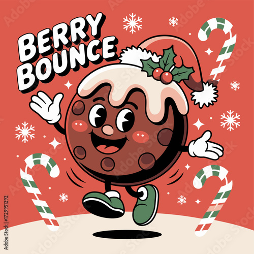 Berry bounce cookie mascot, smiling chocolate biscuit with holly, candy canes background, playful holiday poster, cute retro illustration