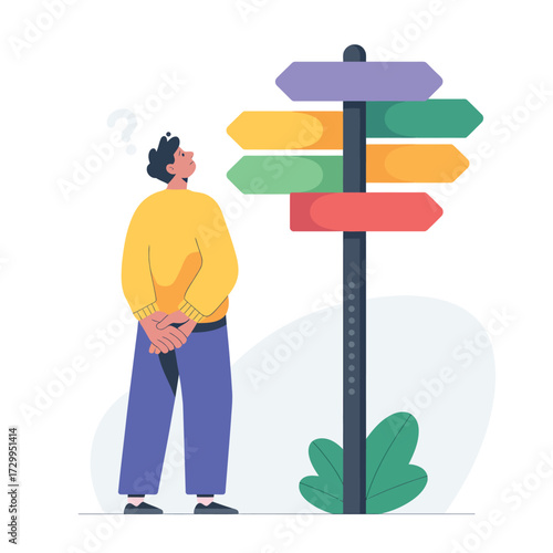 Person contemplating directional signpost with multiple colorful arrows offering choices and decisions illustration
