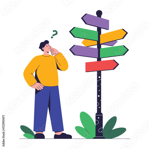 Confused man standing at a crossroads signpost making a difficult decision regarding life choices and direction illustration