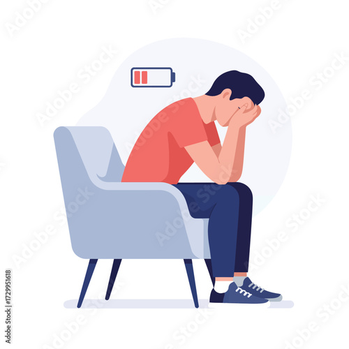 Exhausted man sitting in chair feeling depressed low battery indicator symbolizing burnout and fatigue illustration