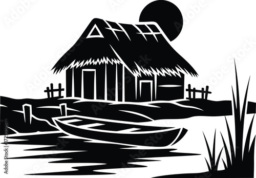Silhouette vector of a rustic tropical hut or straw shack on a waterfront with a small wooden boat and sun/moon. black and white design of a remote fishing village.