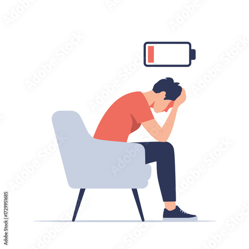 Frustrated person sitting in chair with low battery icon symbolizing burnout exhaustion and mental fatigue illustration