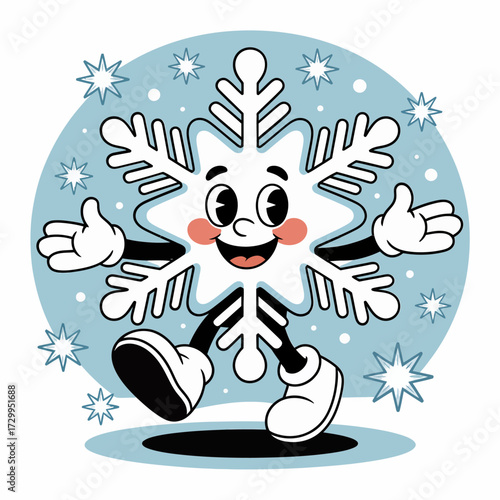 Retro snowflake character, smiling face and gloves, circular blue backdrop, vintage winter mascot, holiday greeting artwork, classic illustration