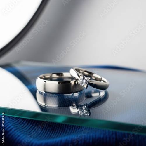 Diamond ring and wedding band set on a mirrored clear block with a dark blue satin backdrop, creating a cool-toned, sleek display.