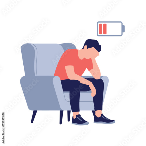 Man depicted sitting in armchair with low battery symbol above indicating exhaustion mental fatigue illustration