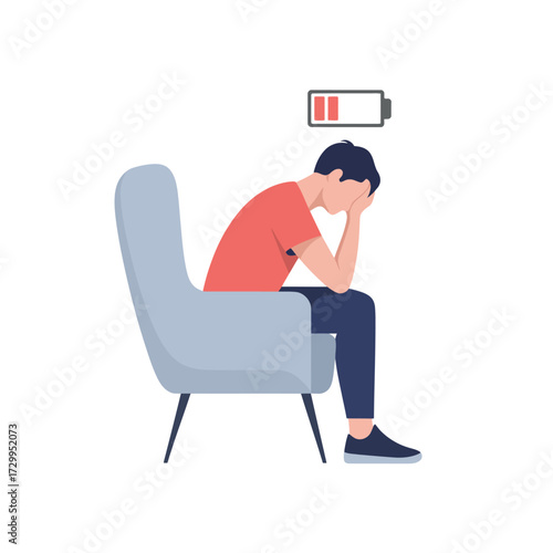 Man sitting in armchair with low battery symbol overhead indicating exhaustion burnout and fatigue illustration