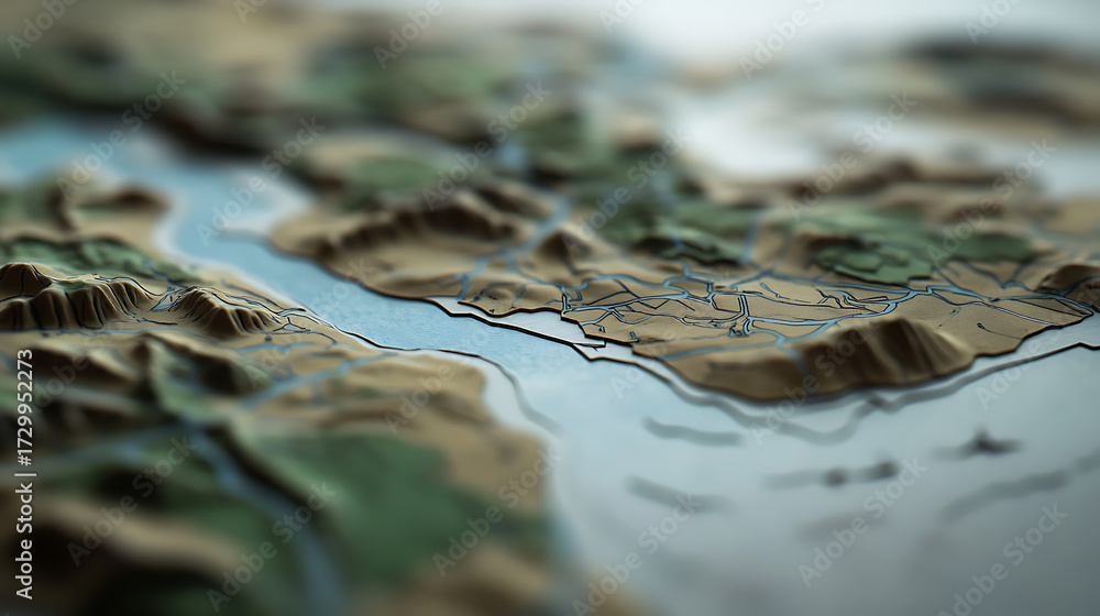 Fototapeta premium Abstract topographical model with intricate details, showcasing land formations and water features. A textured, artistic representation of geography.