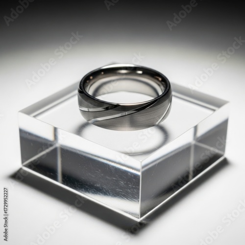 Men's black tungsten ring displayed on a clear acrylic block with strong shadow play, emphasizing a bold, modern, and geometric mockup.