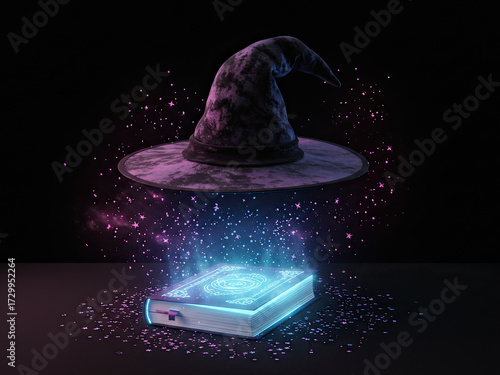 Enchanting spellbook and wizard hat create captivating Halloween magic moment