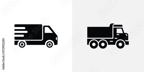 Two Delivery Trucks Icons, Shipping and Logistics Symbol, Isolated on White Background