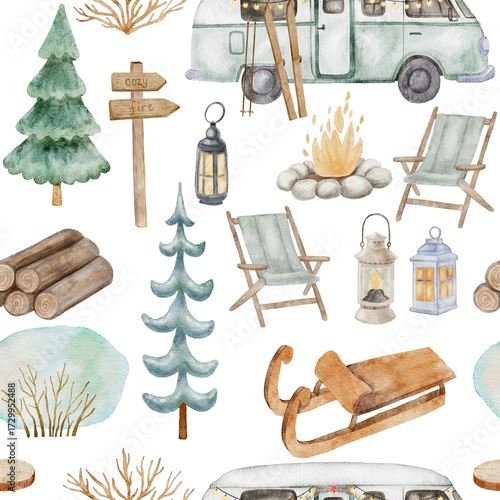 A seamless digital watercolor pattern featuring a camper van, camping gear (chairs, lantern, sled), and pine trees for a cozy winter travel theme.