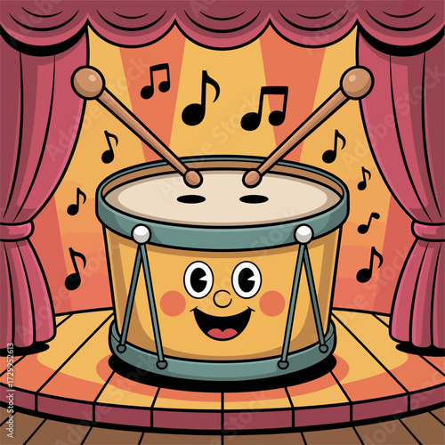 Cute cartoon drum on stage, smiling percussion instrument, musical theater curtains, festive concert theme, retro holiday performance illustration