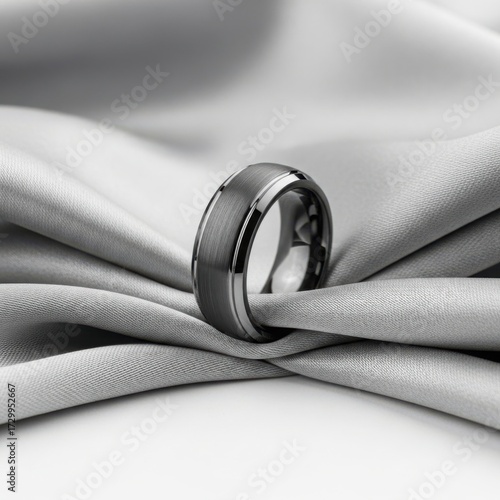 Sleek black tungsten band resting on elegantly folded light grey satin, featuring a clean, minimalist, and masculine jewelry mockup.