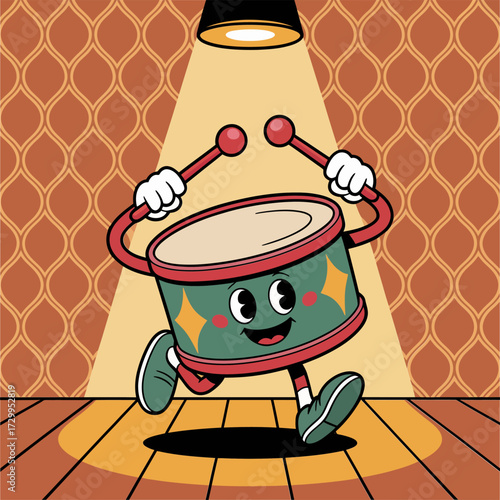 Marching drum mascot, spotlight scene, energetic percussion with sticks, vintage wallpaper background, music celebration poster, cheerful holiday illustration