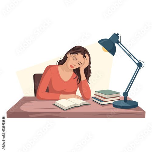 Tired student slumped over desk illuminated by desk lamp preparing for exams late night study session exhaustion illustration