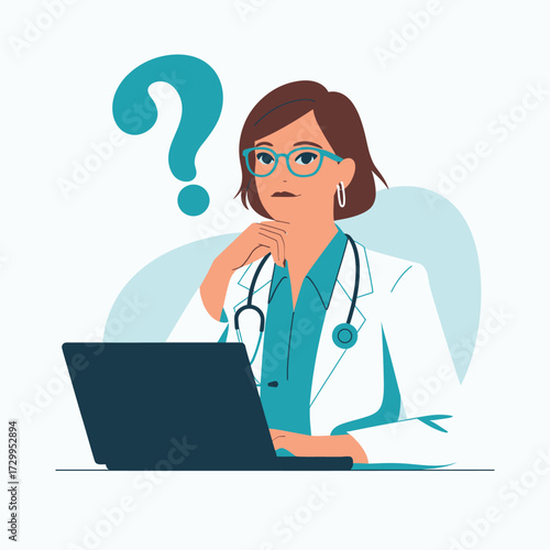 Confused female doctor pondering medical question with laptop and teal question mark symbol overhead illustration