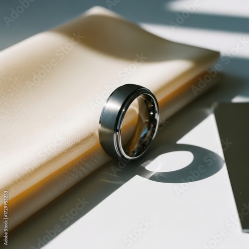 Men's black tungsten wedding band on draped beige satin, captured with warm, focused light, emphasizing texture and sophistication.