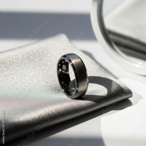 Black tungsten men's ring on a sleek, dark grey velvet block, creating a clean, high-contrast, and masculine jewelry display mockup.