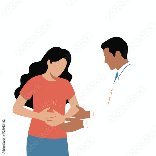 Doctor examining patient's abdomen during medical consultation for digestive issues and healthcare visit illustration