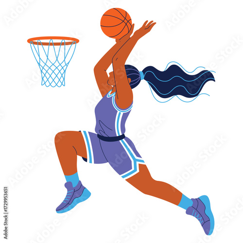 Dynamic basketball player in mid-air slam dunking against clean illustration