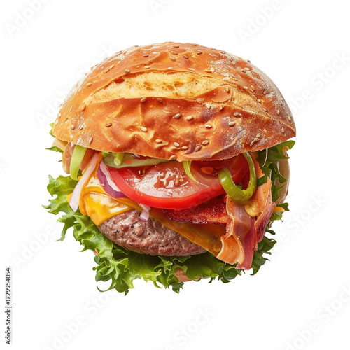 A juicy cheeseburger, topped with bacon, tomato, onion, and a variety of other fresh ingredients, sits on a toasted bun