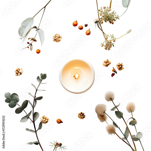 A round, cream-colored candle surrounded by dried botanicals.  Dried flowers, berries, and greenery create a circular design around the candle