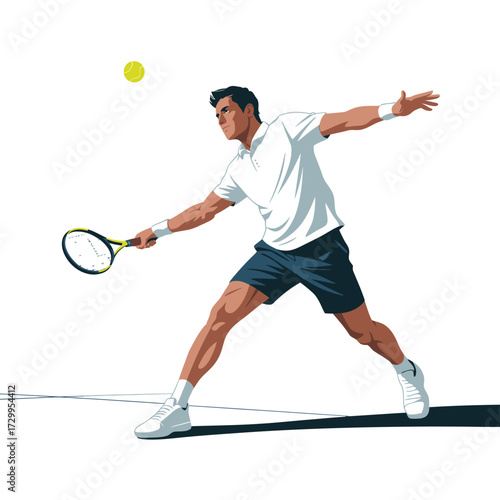 Dynamic tennis player in action capturing a tennis ball with racket in mid-swing sporty fitness concept illustration