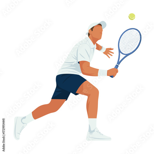 Dynamic male tennis player swinging racket in action mid-game isolated on illustration