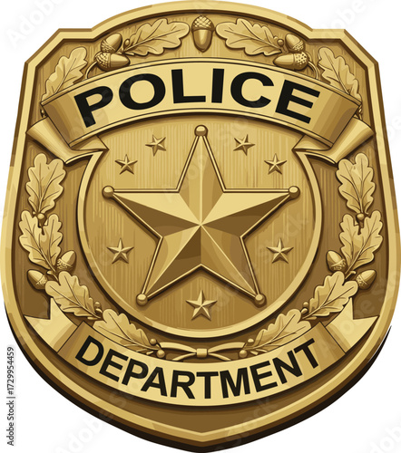 Golden police department badge with star, oak leaves, and acorns — official law enforcement symbol, authority icon, isolated on white background.