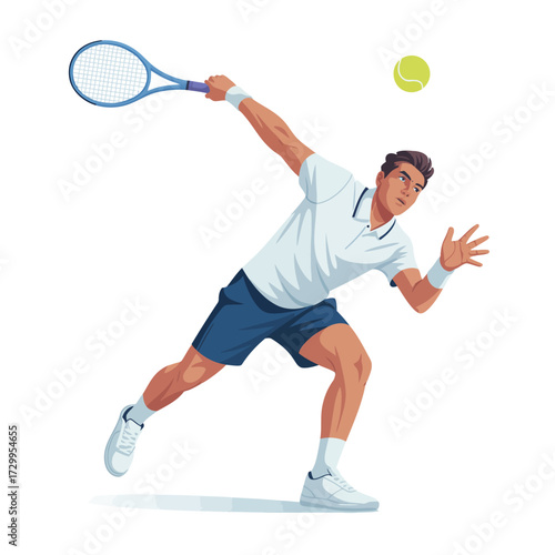 Dynamic tennis player captures ball mid-air in powerful athletic move on illustration