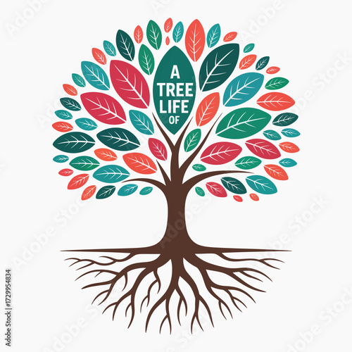 Vibrant tree of life with colorful leaves and detailed roots symbolizing growth nature and connection illustration