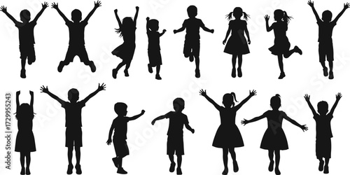 Joyful children silhouettes jumping, dancing, and celebrating — playful kids in motion, happy childhood moments, isolated on white for family design.
