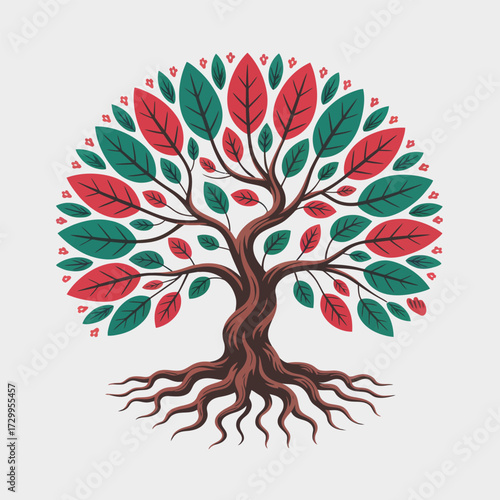 Vibrant abstract tree of life symbol with colorful leaves and deep roots conceptual art illustration