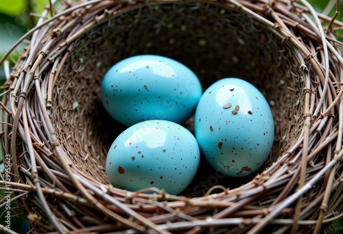 Close-up of a Bird's Nest with Three Vibrantly Blue Speckled Eggs Highlighted Against Natural Twig Background in a Peaceful Outdoor Setting