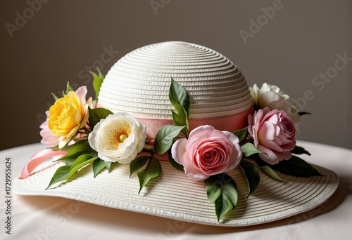 Elegant Wide-Brimmed White Sun Hat Adorned with Lush Pink, Yellow, and White Roses and Soft Green Foliage on a Neutral Surface