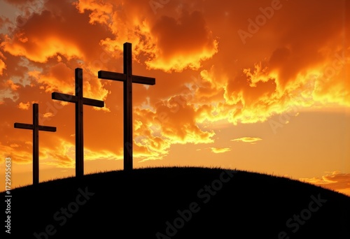 Three Silhouetted Crosses Stand on a Hill Against a Dramatic Orange Sunset Sky with Vibrant Clouds Creating a Serene and Reflective Scene